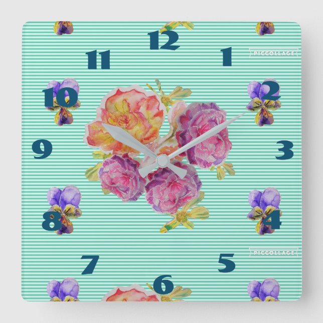 Horloge Carrée Chic démodé Roses aqua Rose floral salle Turquoise (Recto)