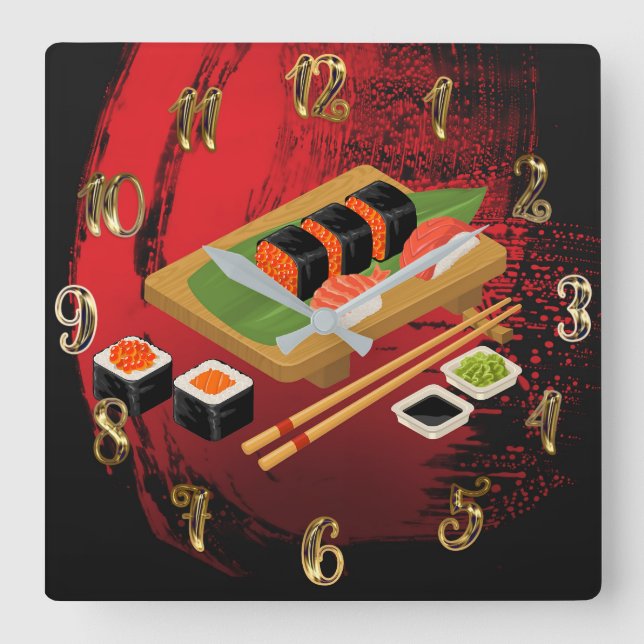 Horloge Carrée Chic Moderne et élégant Sushi noir et rouge (Recto)