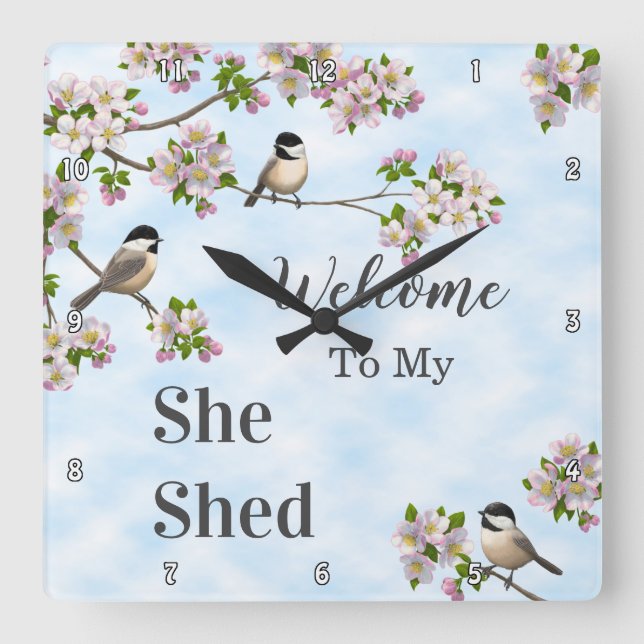 Horloge Carrée Chickadees & Fleurs de pomme Elle Shop Personnalis (Recto)
