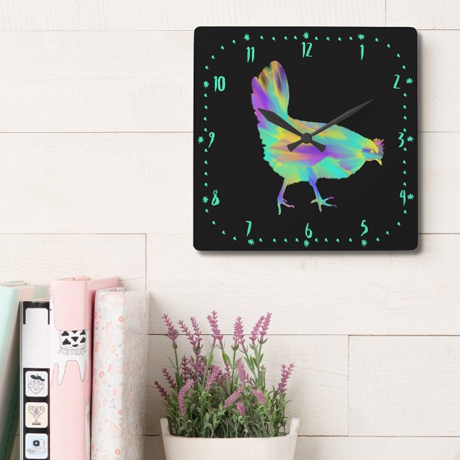 Horloge Carrée Chicken Time Cute Colourful (Cute hen colorful animal art black wall clock )