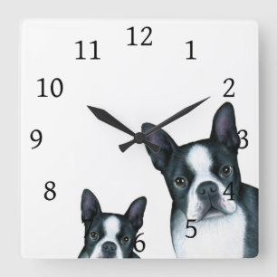 Horloge Carrée Chien 128 Boston blanc noir Terrier