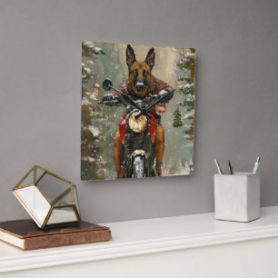 Horloge Carrée Chien belge Malinoi équitation moto Noël