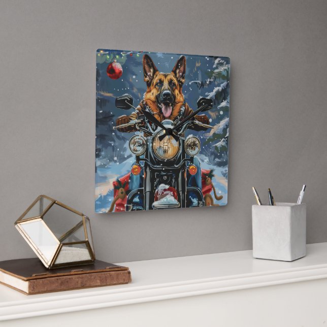 Horloge Carrée Chien berger allemand équitation moto Noël (Bureau)