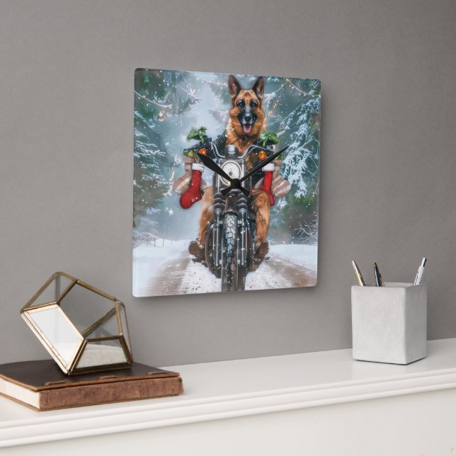 Horloge Carrée Chien berger allemand équitation moto Noël (Bureau)