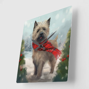 Horloge Carrée Chien Cairn Terrier dans la neige de Noël