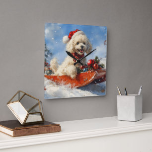 Horloge Carrée Chien Caniche en Luge Laissez Tomber la Neige Noël