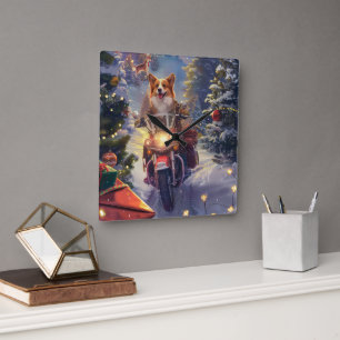 Horloge Carrée Chien Corgi à Vélo à Noël