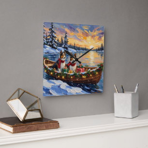 Horloge Carrée Chien de berger des Shetland Noël Bateau Fêtes