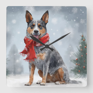Horloge Carrée Chien de bétail australien à Noël de neige