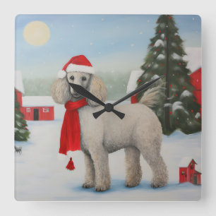 Horloge Carrée Chien de caniche à Noël de neige