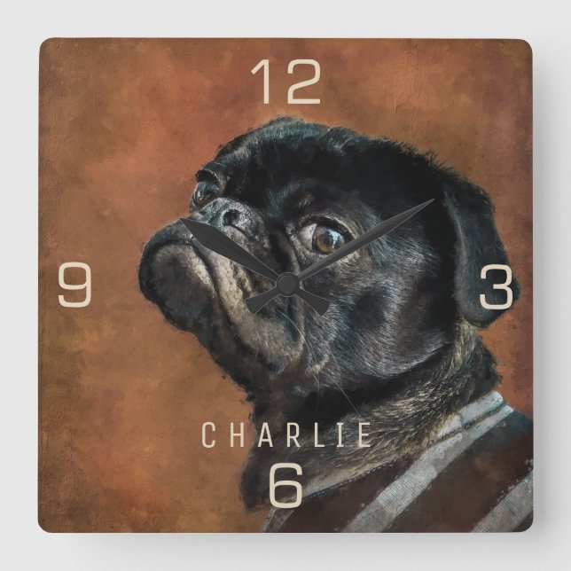 Horloge Carrée Chien de Carlin noir (Recto)
