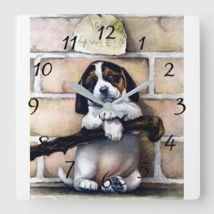 Horloge Carrée Chien de chiot en vente jolie illustration vintage