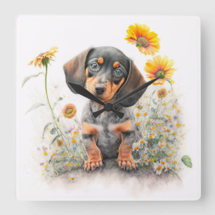 HORLOGE CARRÉE CHIEN DE DACHSHUND COURT NOIR & TAN