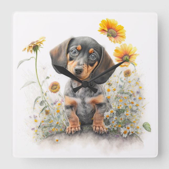 HORLOGE CARRÉE CHIEN DE DACHSHUND COURT NOIR & TAN (Recto)