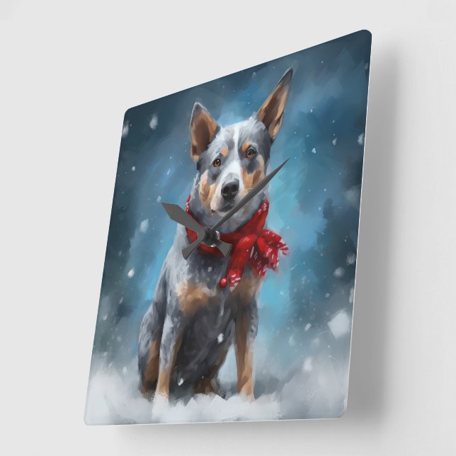 Horloge Carrée Chien de Heeler Bleu à Noël de neige (Angle)