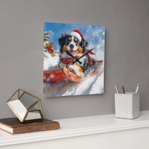 Horloge Carrée Chien de Montagne bernois en luge Noël