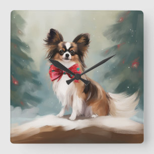Horloge Carrée Chien de Papillon à Noël de neige