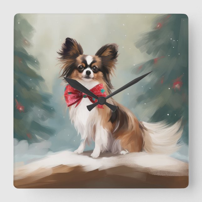 Horloge Carrée Chien de Papillon à Noël de neige (Recto)
