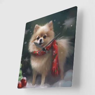 Horloge Carrée Chien de Poméranie en Noël de neige