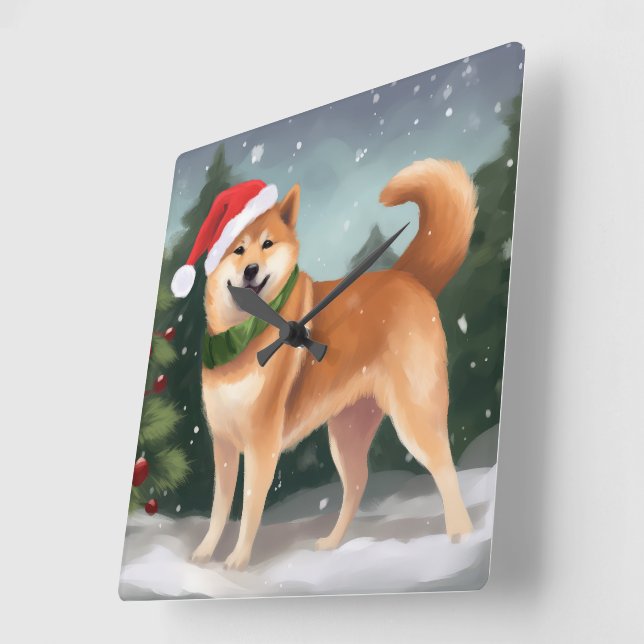 Horloge Carrée Chien de Shiba Inu à Noël de neige (Angle)
