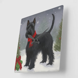 Horloge Carrée Chien de Terrier écossais en Noël de neige