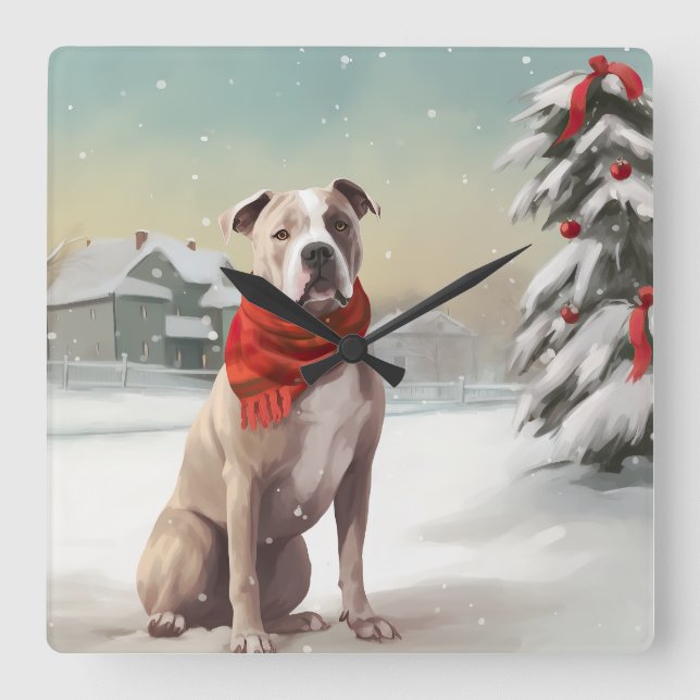 Horloge Carrée Chien du Staffordshire américain à Noël de neige (Recto)