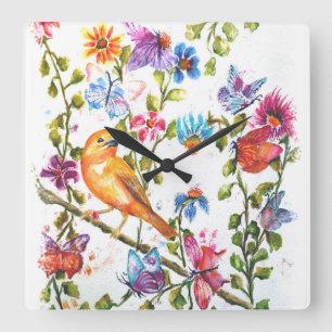HORLOGE CARRÉE CHIEN EMPREINTES DE PATTES JAUNE OISEAU