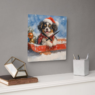 Horloge Carrée Chien Japonais Chin en Luge Laissez Neiger Noël