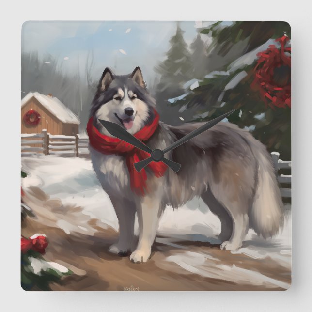 Horloge Carrée Chien malamué de l'Alaska en Noël de neige (Recto)