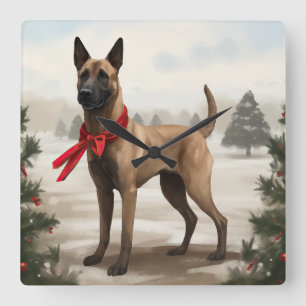 Horloge Carrée Chien malinois belge à Noël de neige