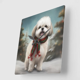 Horloge Carrée Chien Malti Tzu à Noël de neige