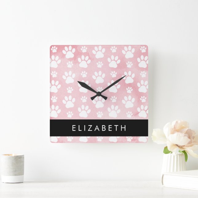 Horloge Carrée Chien Paws, White Paws, Aquarelles roses, Votre No (Maison)