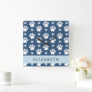 Horloge Carrée Chien Paws, White Paws, Blue Hearts, Votre Nom