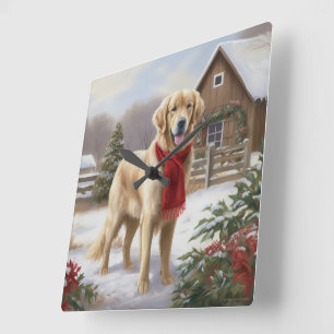 Horloge Carrée Chien Retriever doré dans la neige Noël