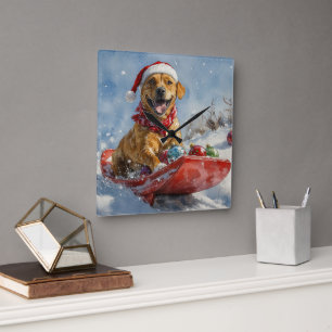 Horloge Carrée Chien Rhodesian Ridgeback dans un traîneau de Noël