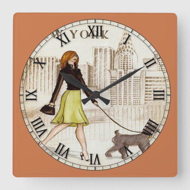 Horloge Carrée Chien romain de New York Lady Walking Chien (Recto)
