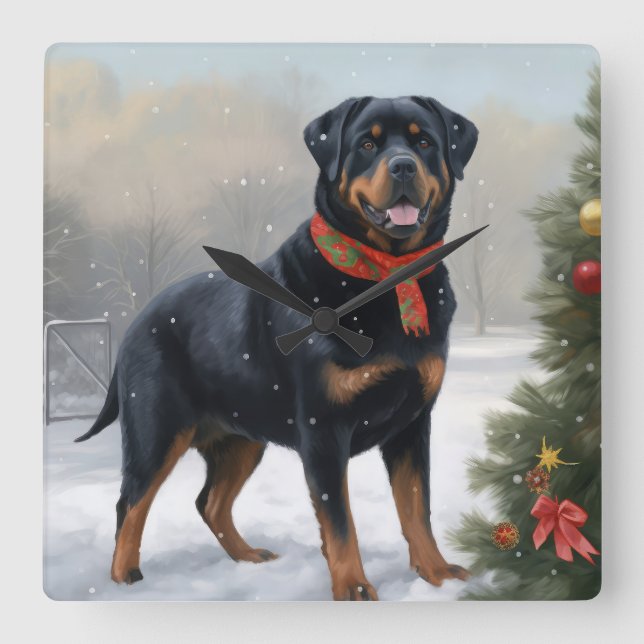Horloge Carrée Chien Rottweiler pendant Noël de neige (Recto)