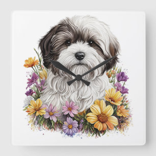 HORLOGE CARRÉE CHIEN SHIH TZU PETIT ET ADORABLE AVEC DES FLEURS