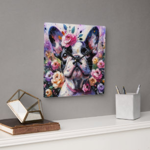 Horloge Carrée Chien-taureau français avec peinture impressionnis