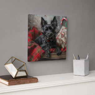 Horloge Carrée Chien Terrier Écossais Noël Fêtard