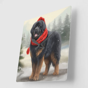 Horloge Carrée Chien tibétain mastiff à Noël de neige