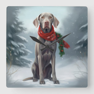 Horloge Carrée Chien Weimaraner dans la neige de Noël