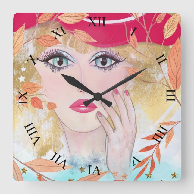 Horloge Carrée Chiffres romains Feuille du visage de la fille lun (Recto)