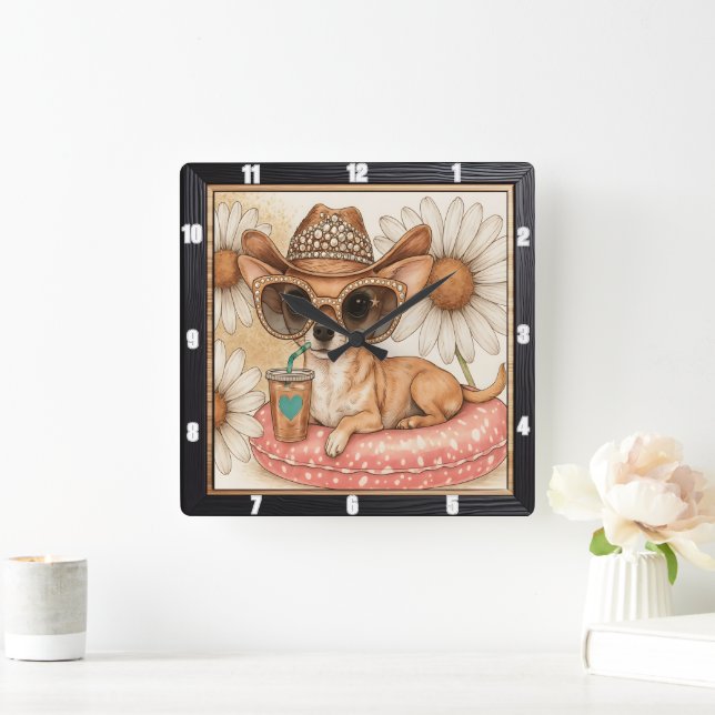 Horloge Carrée Chihuahua Cowboy (Maison)
