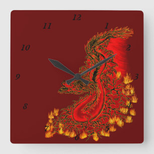 Horloge Carrée Chine Dragon rouge et or design