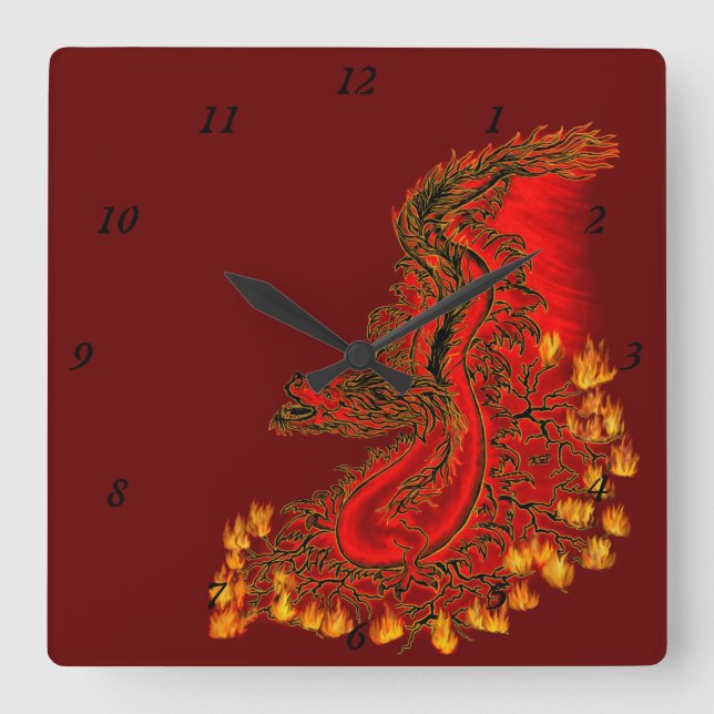 Horloge Carrée Chine Dragon rouge et or design (Recto)