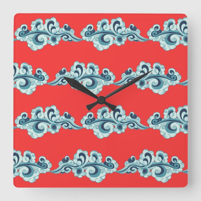Horloge Carrée Chinois Nouvel An Lunaire Nuages Motif Rouge (Recto)
