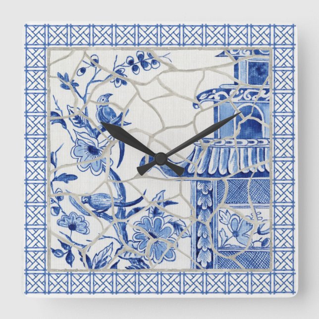 Horloge Carrée Chinoiserie Bleue et Blanc Chic Bird Floral Mosaic (Recto)