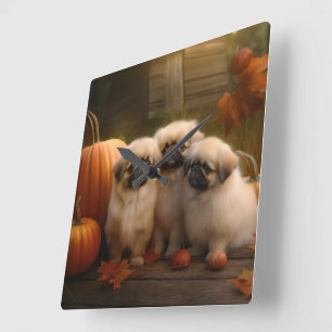 Horloge Carrée Chiots Pékinois Délice d'Automne Citrouille 