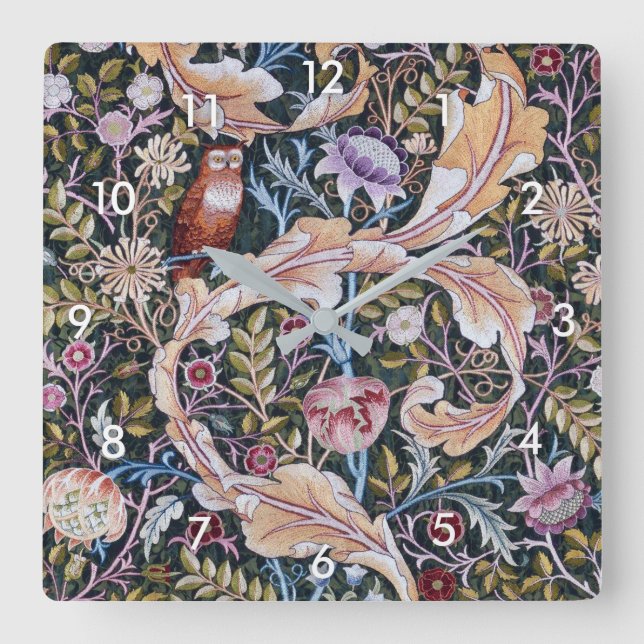 Horloge Carrée Chouette et fleurs, William Morris (Recto)